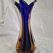 Vintage cobalt blue and amber blown glass vase in Murano style.