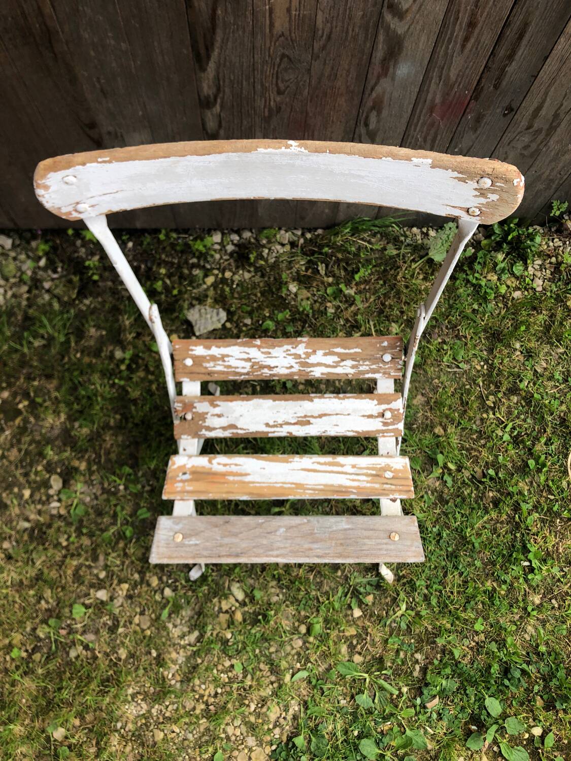 Vintage White Metal & Wood Folding Garden Chair