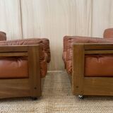 Pair of Cognac Leather Club Armchairs & Wood - Italian Design - 1970s