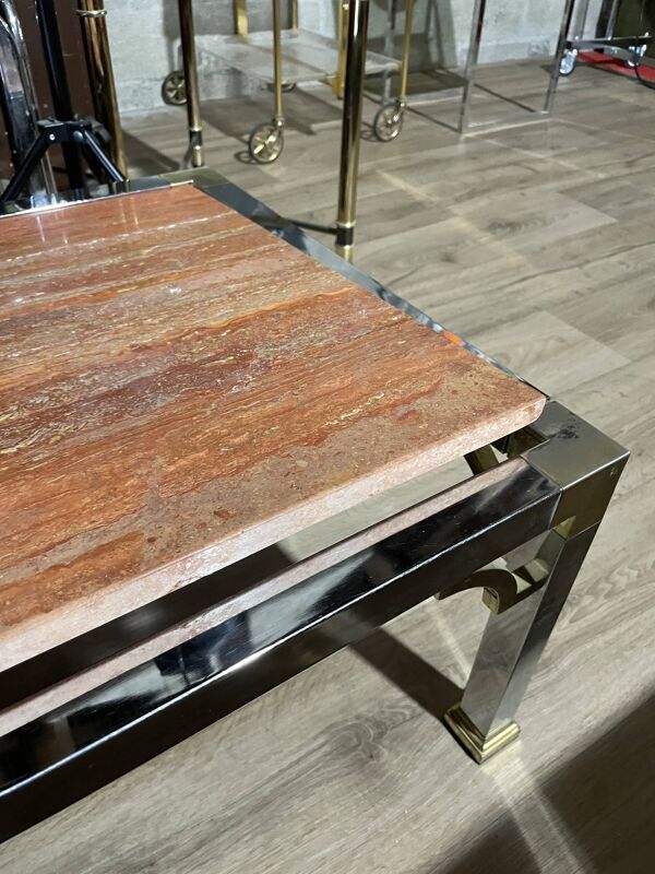 Table basse vintage acier chromé et laiton plateau en marbre Italie vers 1970