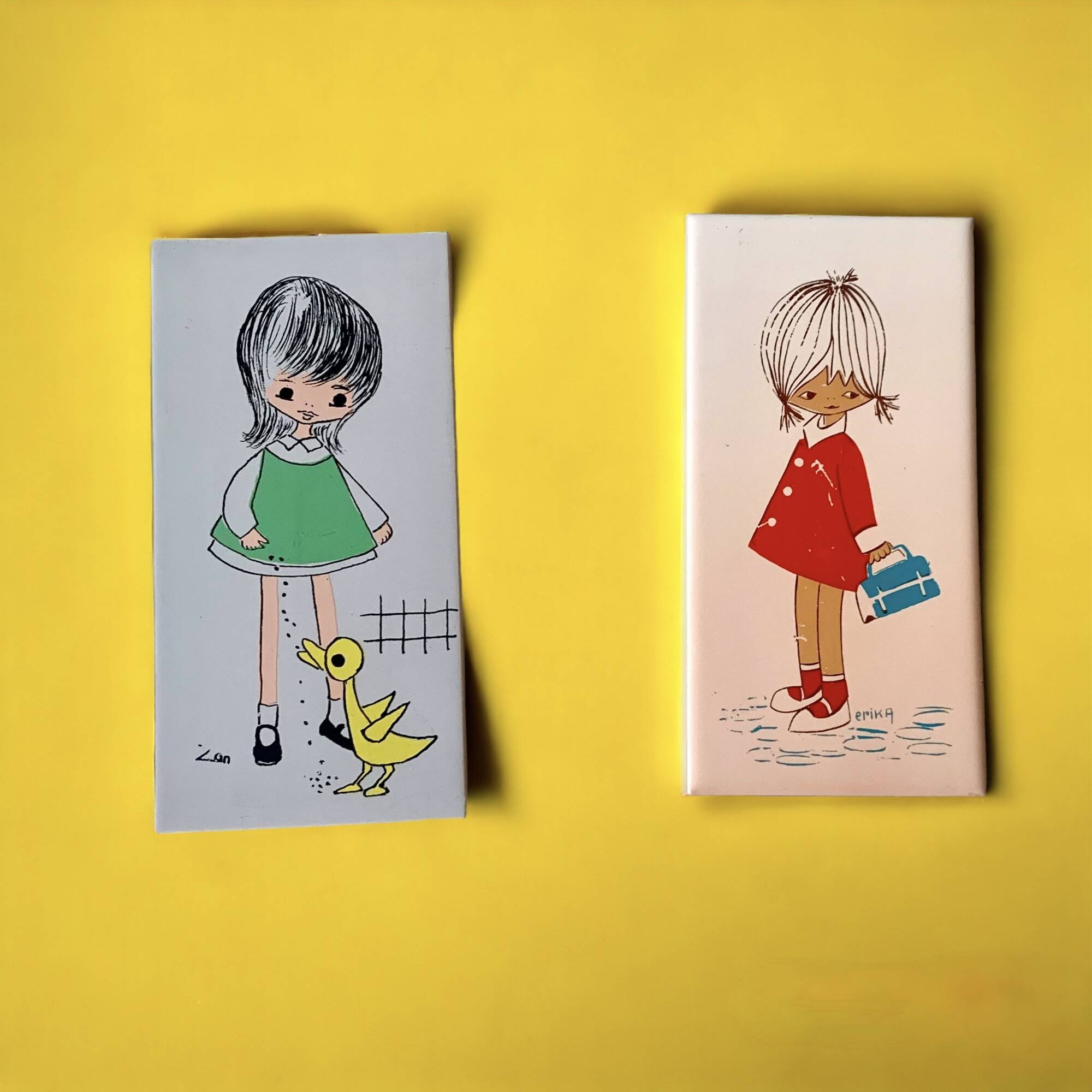 Pair of painted tile wall plates for children's bedroom