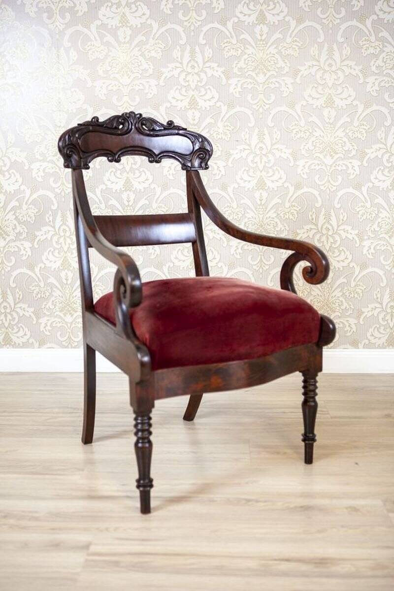 Set of Empire Mahogany Armchairs in Red Upholstery, 19th Century
