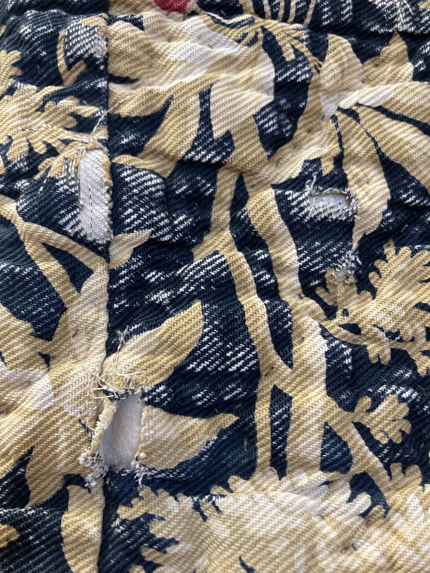 Antique hand-stitched boutis bedspread, floral fabric, 19th century.