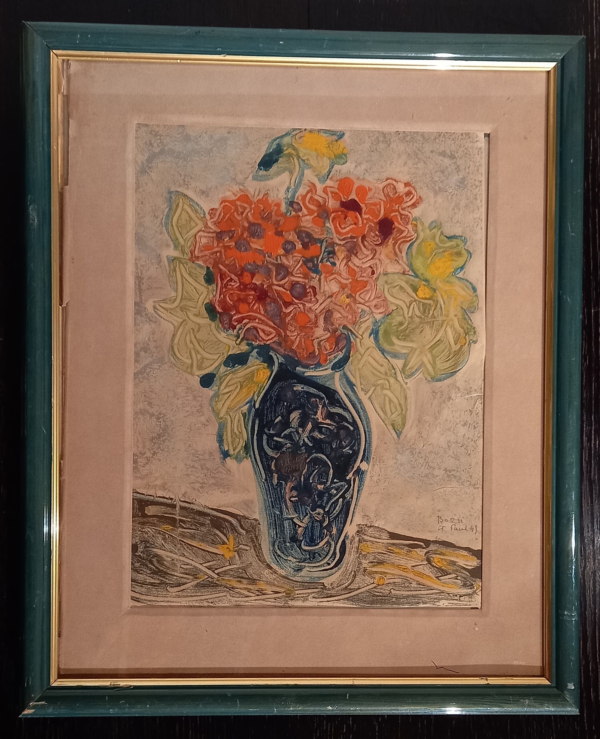 Painting by manfredo borsi. gouache. 1949. bouquet in blue vase