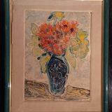 Tableau de manfredo borsi. gouache. 1949. bouquet dans vase bleu