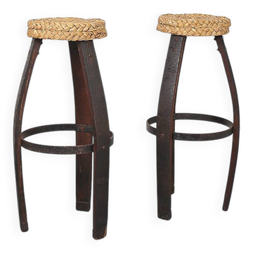 Ensemble original de 2 tabourets de bar par Frida Minet et Adrien Audoux, années 1950, France.