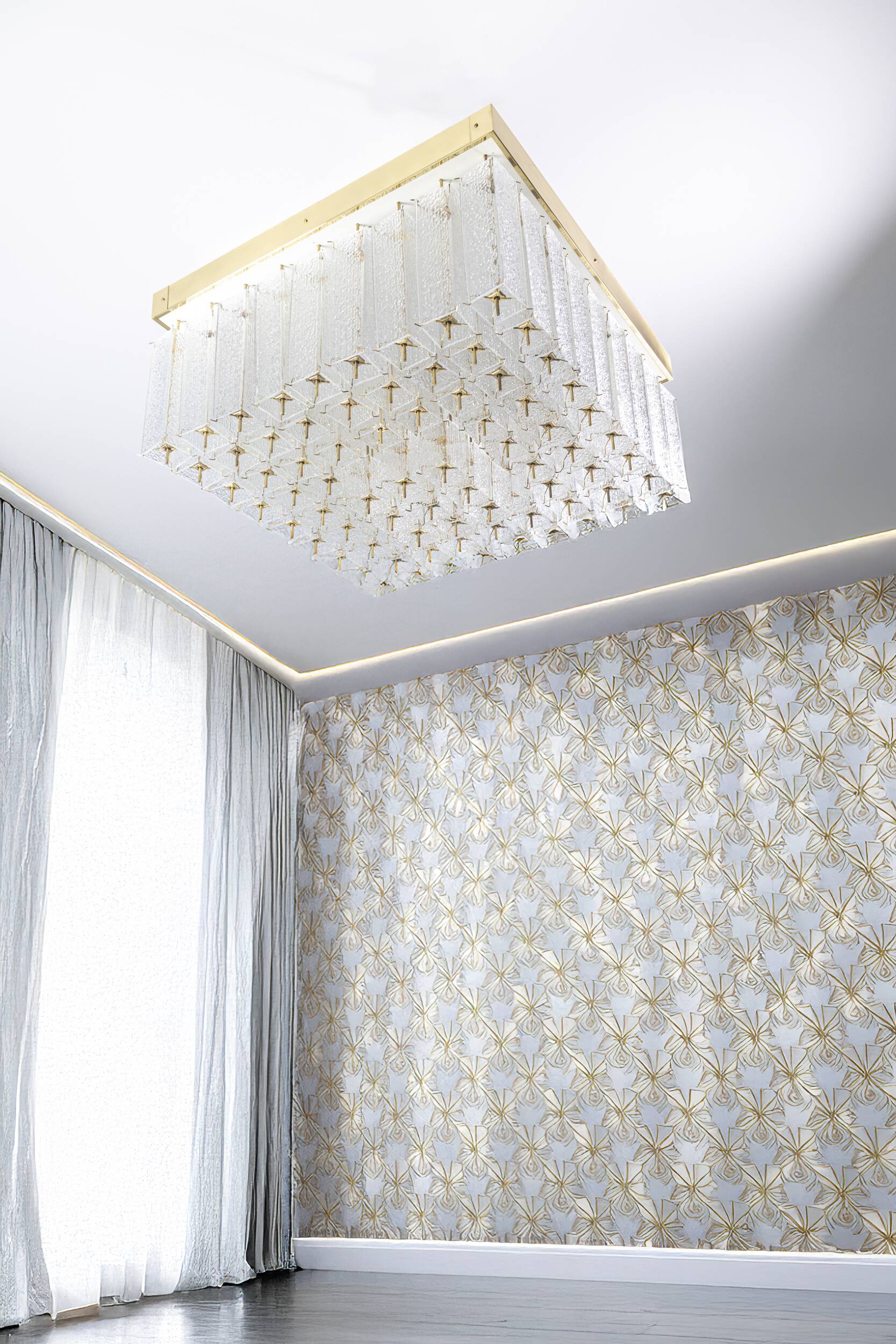 Bohemian flush-mount light in textured glass & brass, 1960s