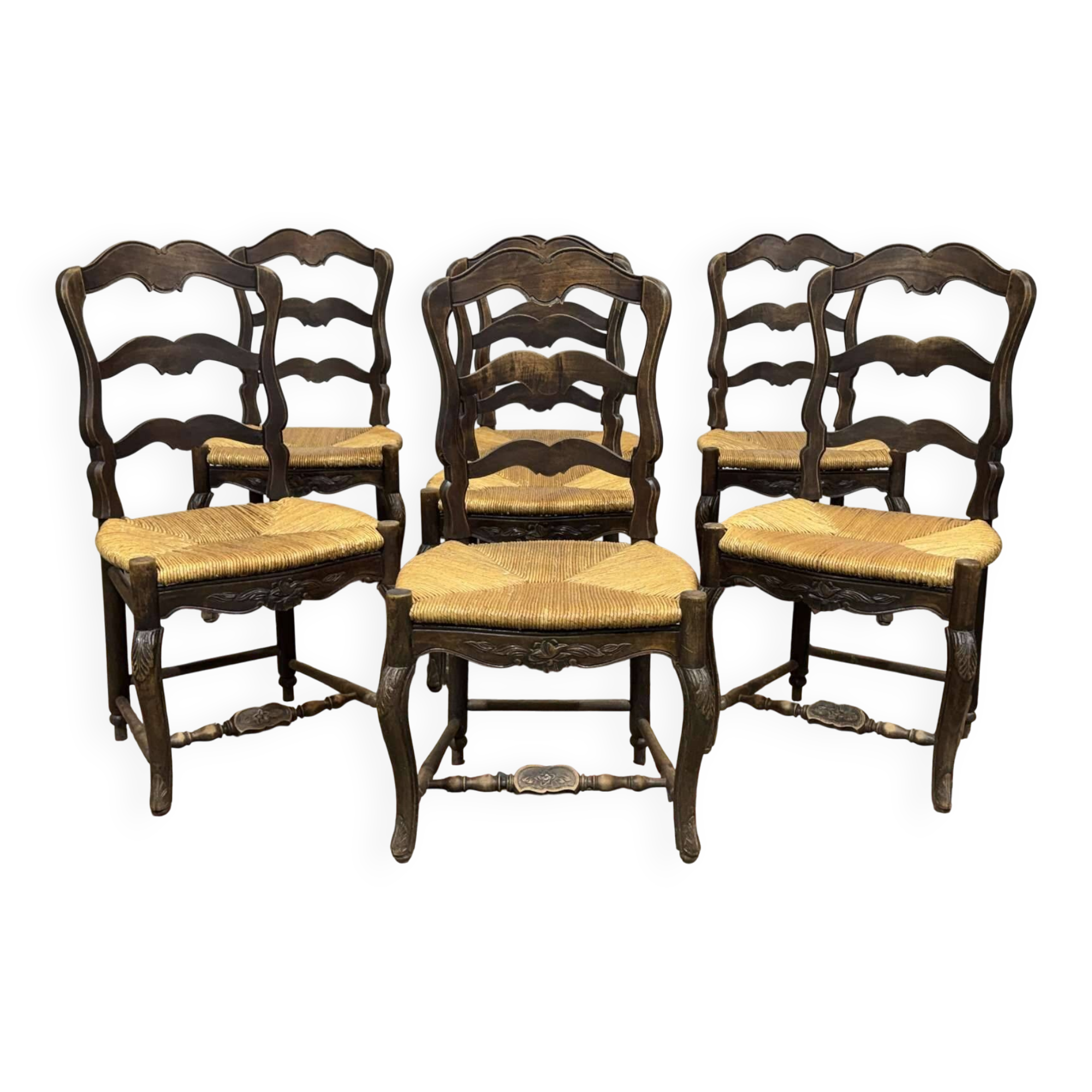 Set of 7 Louis XV style beech chairs with straw seats.