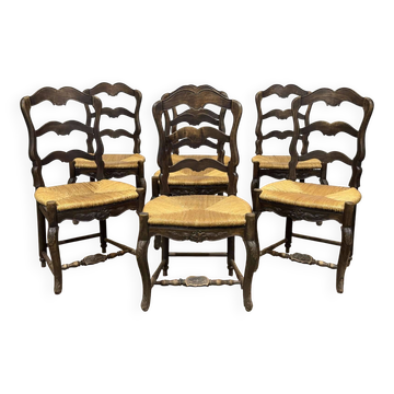 Set of 7 Louis XV style beech chairs with straw seats.