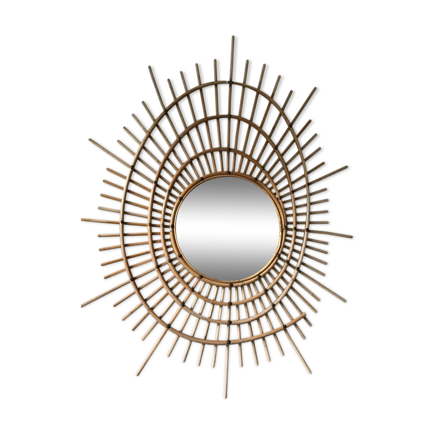 Miroir soleil en rotin 1970 design francais 65x84cm