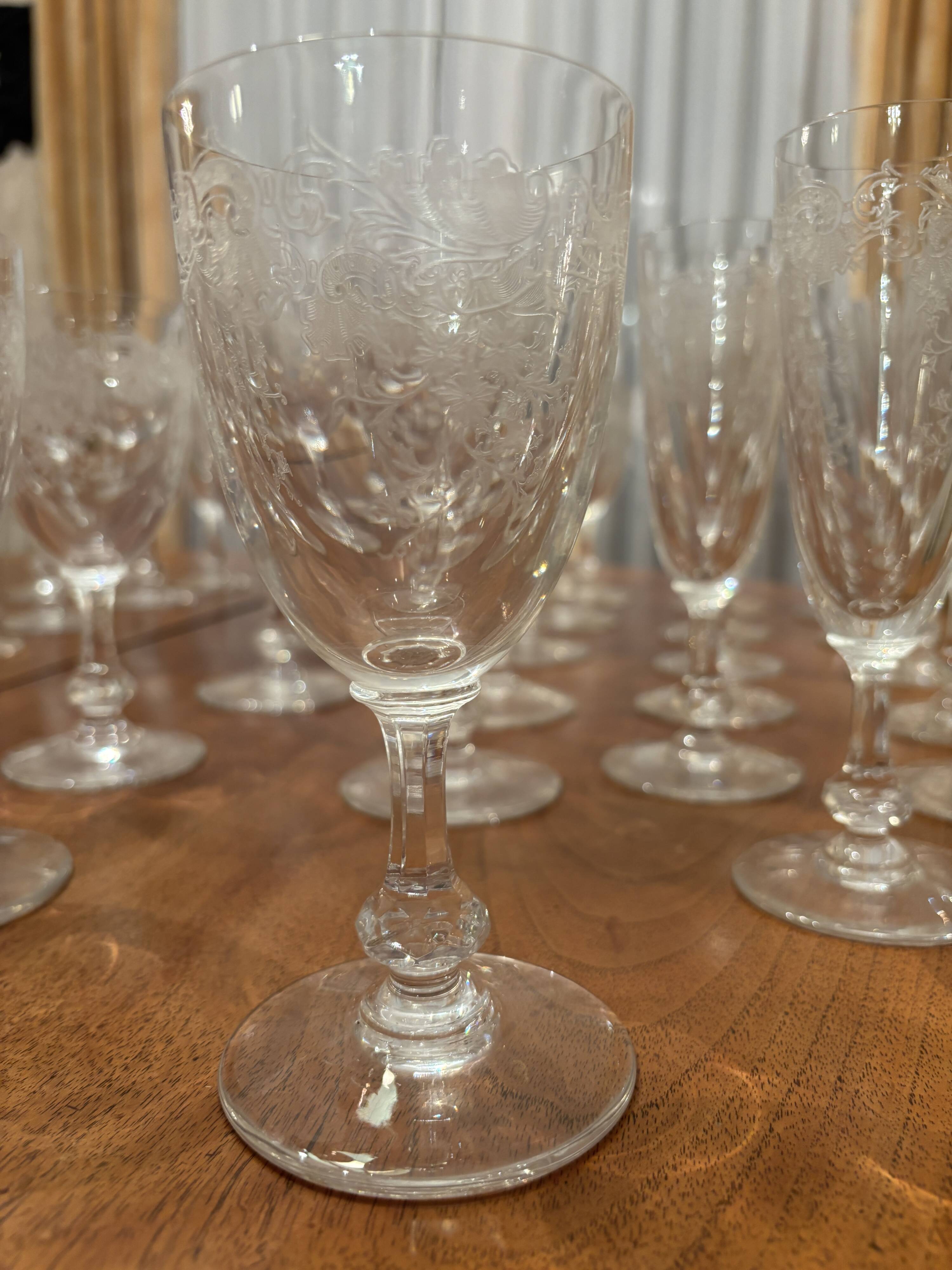 35 signed Saint-Louis crystal glasses – antique engraved floral decoration