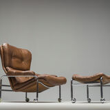 Swedish Lounge Chair and Ottoman in Chrome and Brown Leather by Scapa Rydaholm, 1960s, Set of 2