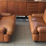 Pair of 2-seater fawn leather sofas Brunati Italian Design 1980