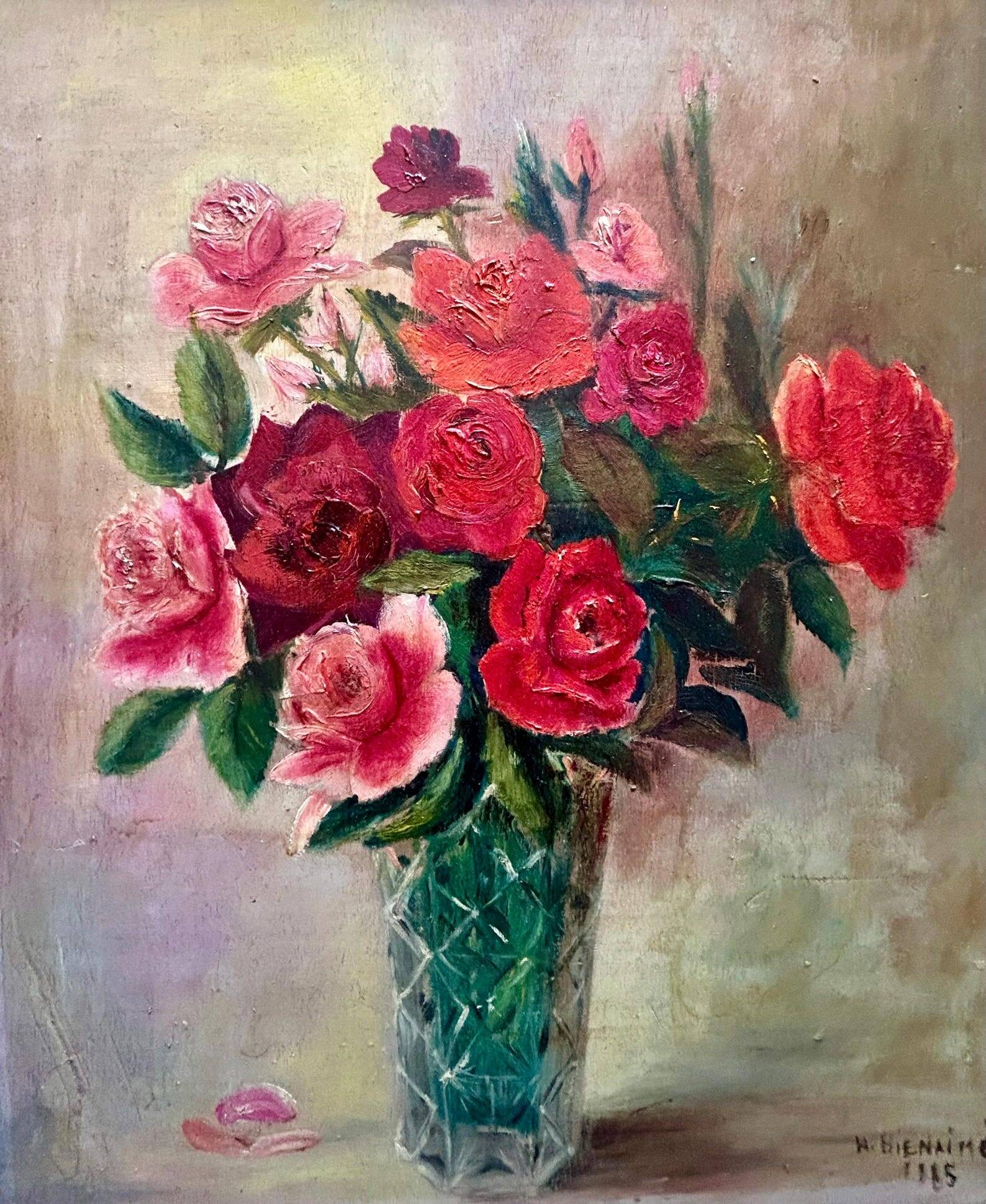 French Vintage Floral Oil Painting  Signed W. Bienaime 1985 Romantic Roses
