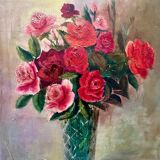 French Vintage Floral Oil Painting  Signed W. Bienaime 1985 Romantic Roses