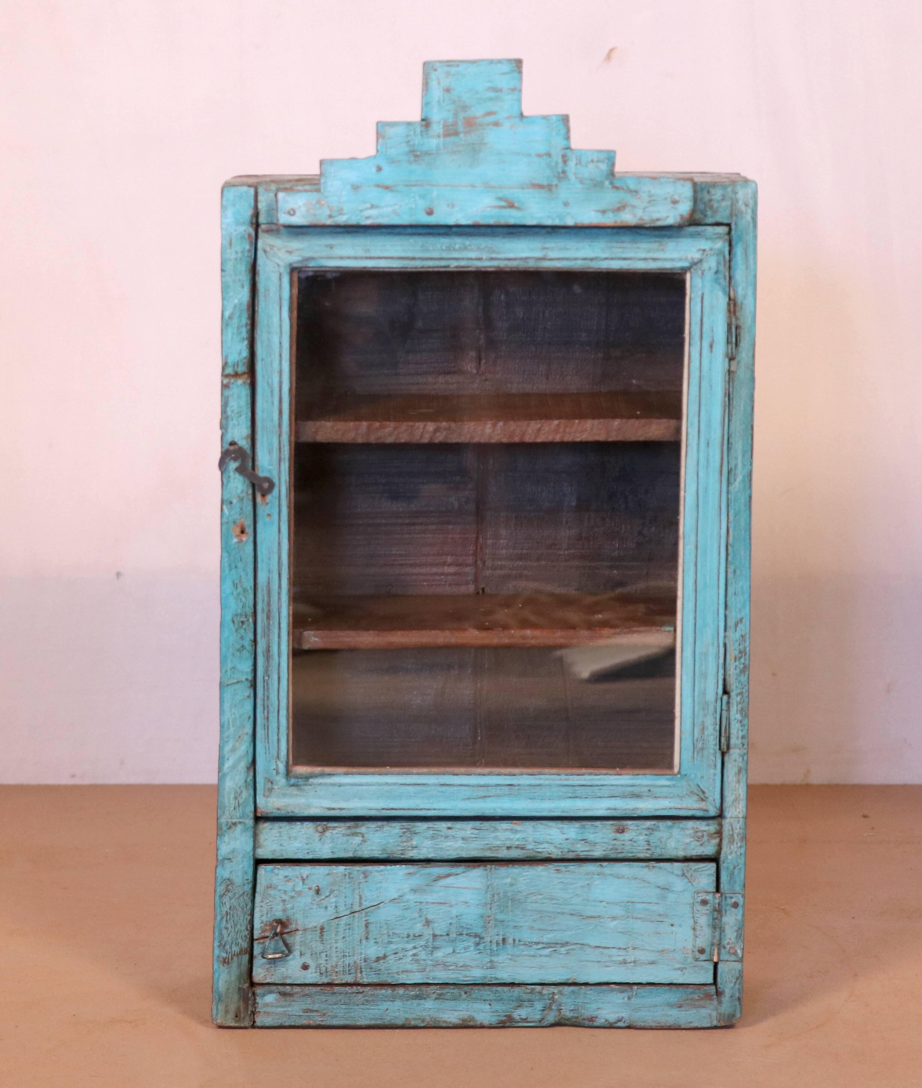 old Art Deco wall display case in original blue teak Burmese patina