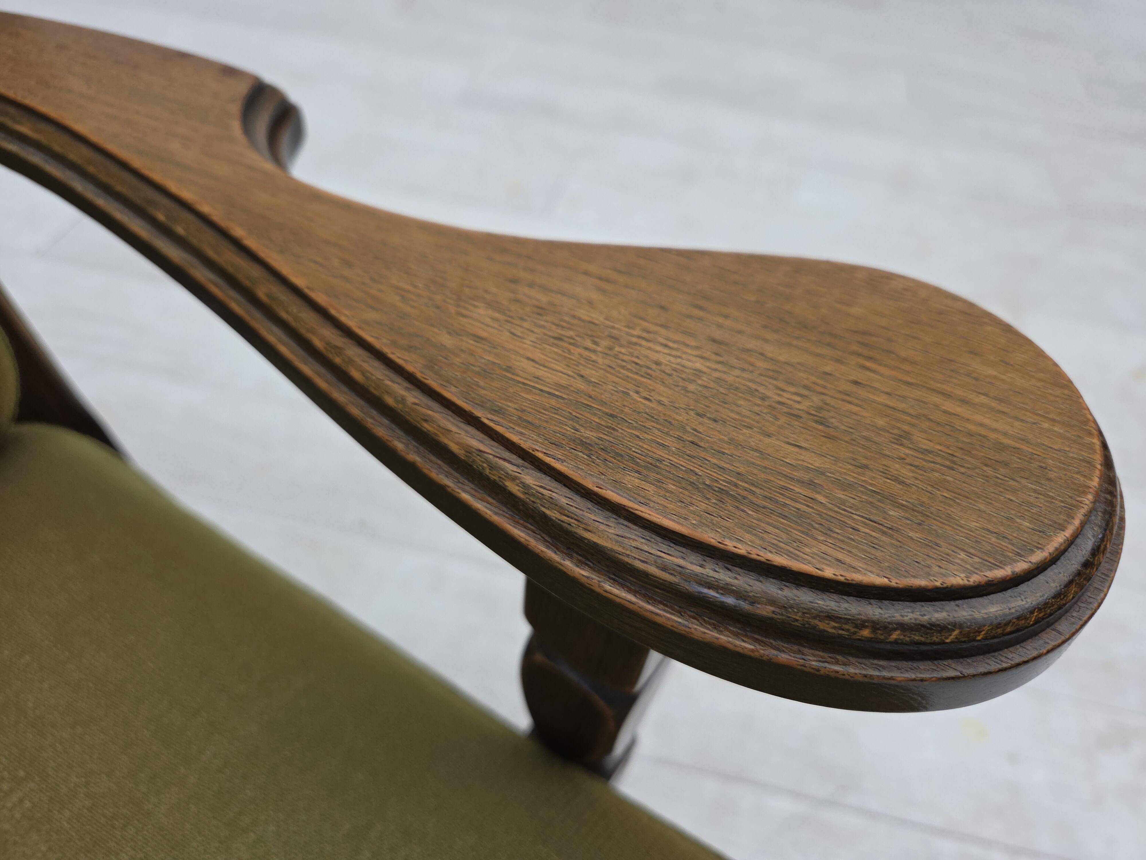 1970s, pair of Danish armchairs, original green furniture wool, oak wood.