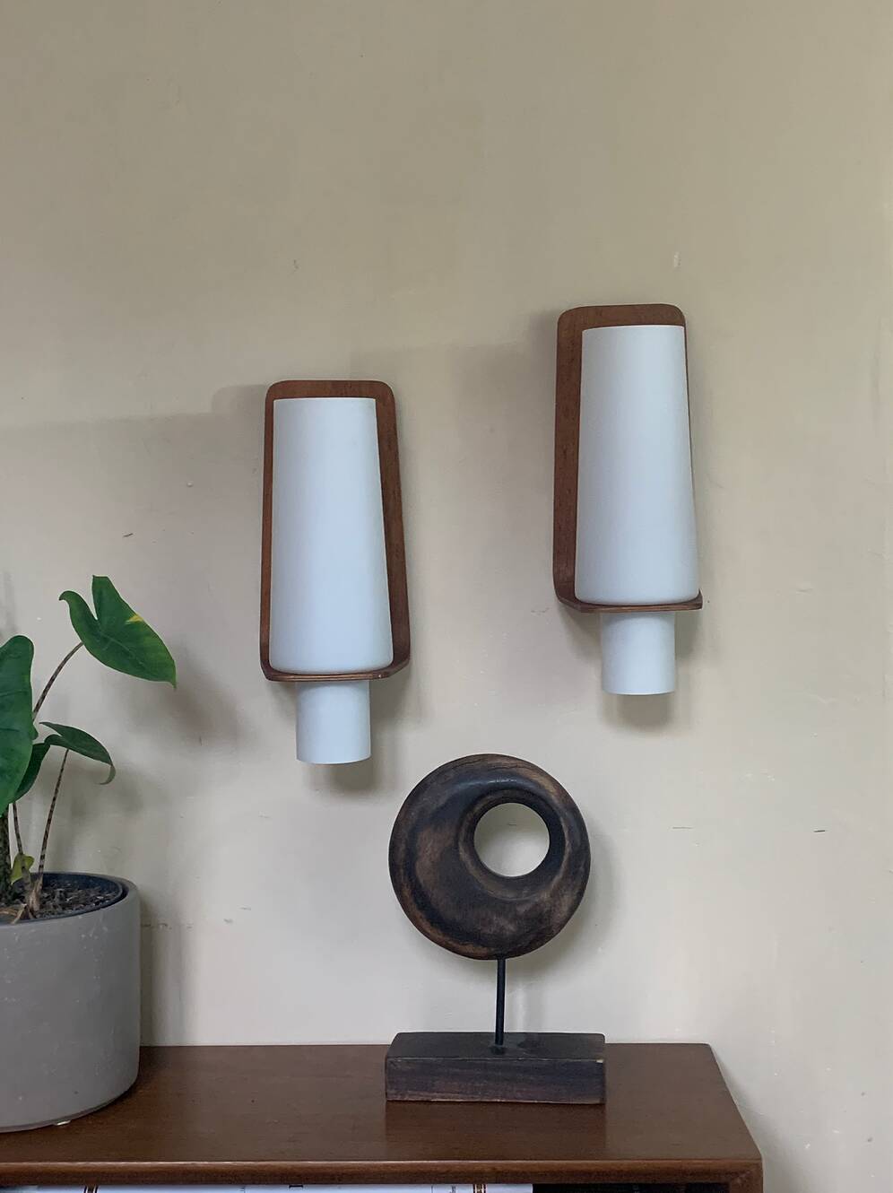 Vintage Scandinavian teak and opaline wall lights