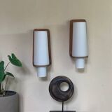 Vintage Scandinavian teak and opaline wall lights