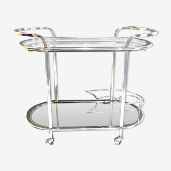 Chrome metal rolling bar with two glass trays from the 70s