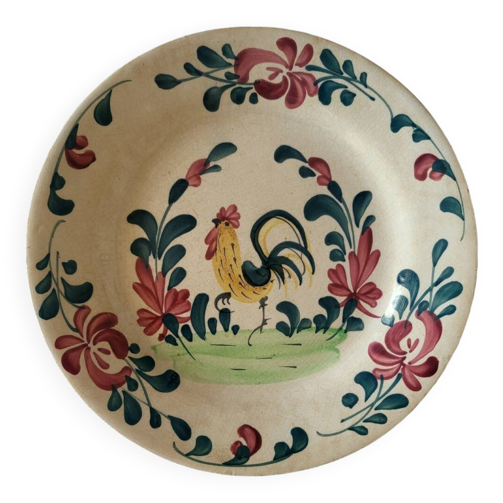 Old Creil and Montereau Earthenware Plate "Labrador" Rooster Decor