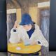 Oil on canvas portrait of a woman writing a postcard