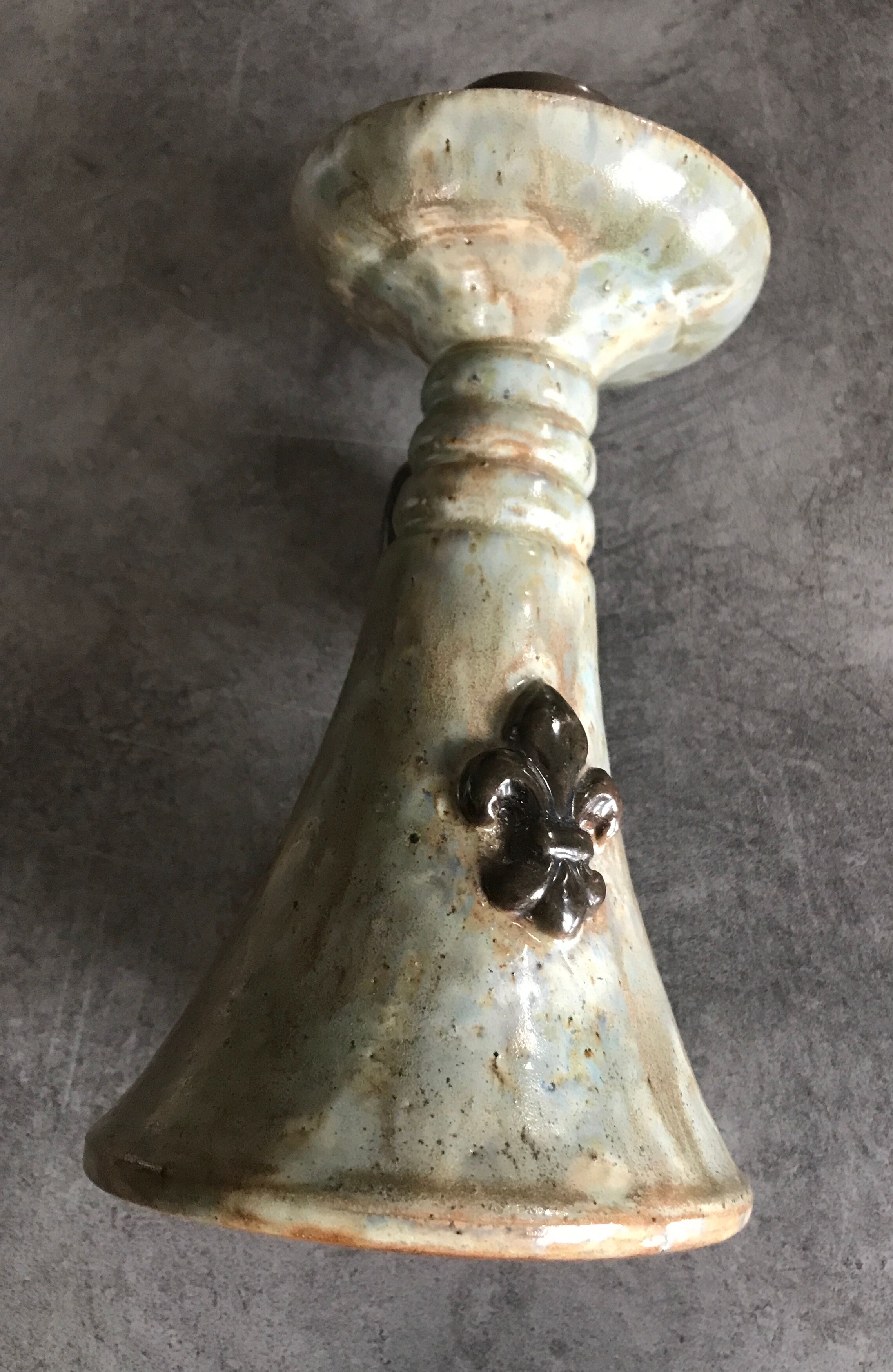 Candle holder old sandstone blue glazed bouffioulx signed dubois décor de lys