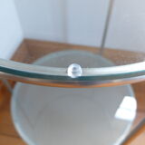 1970s stainless steel pedestal table with two glass tops