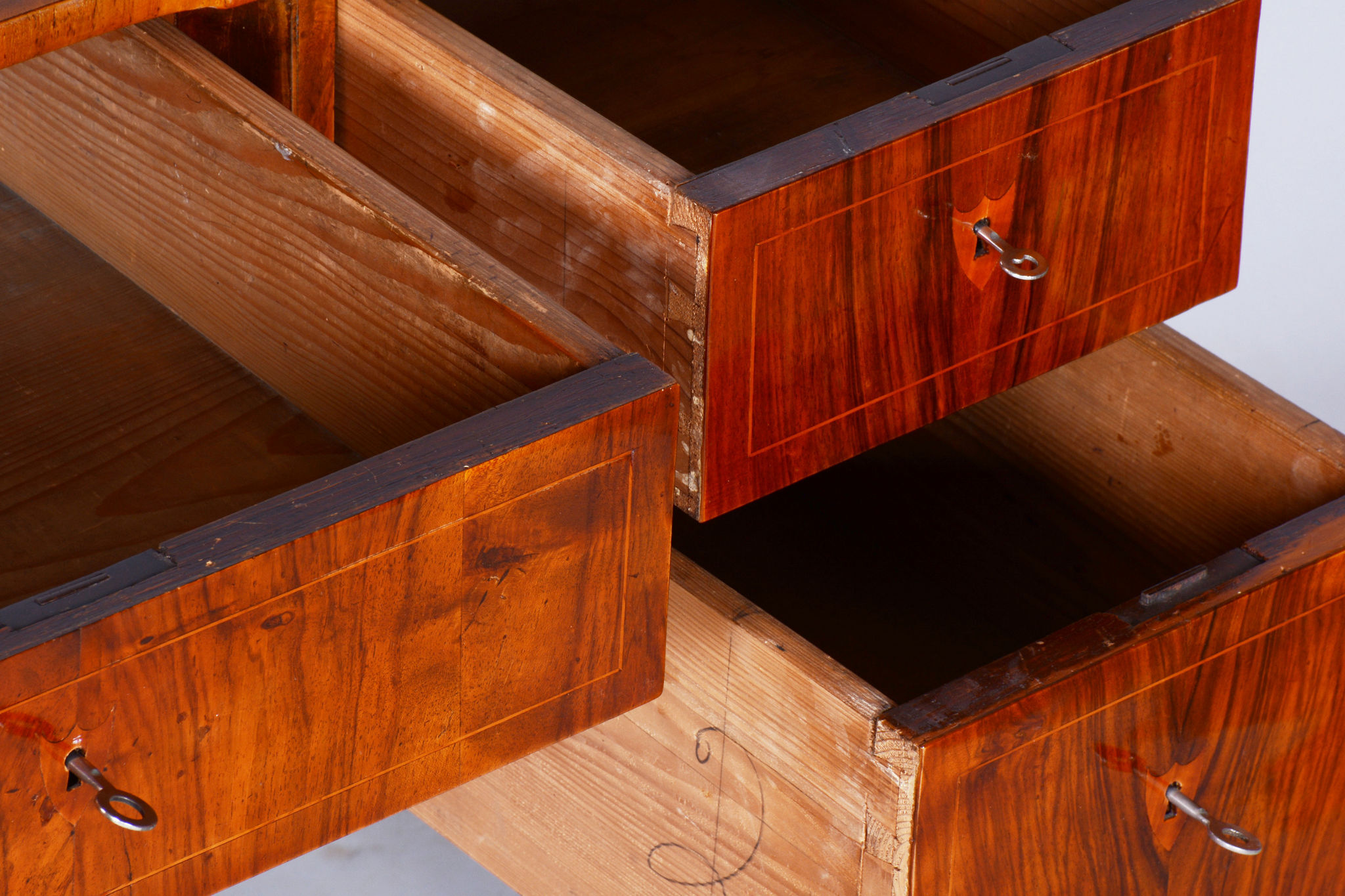 Restored biedermeier walnut writing desk, revived polish, czechia, 1830s