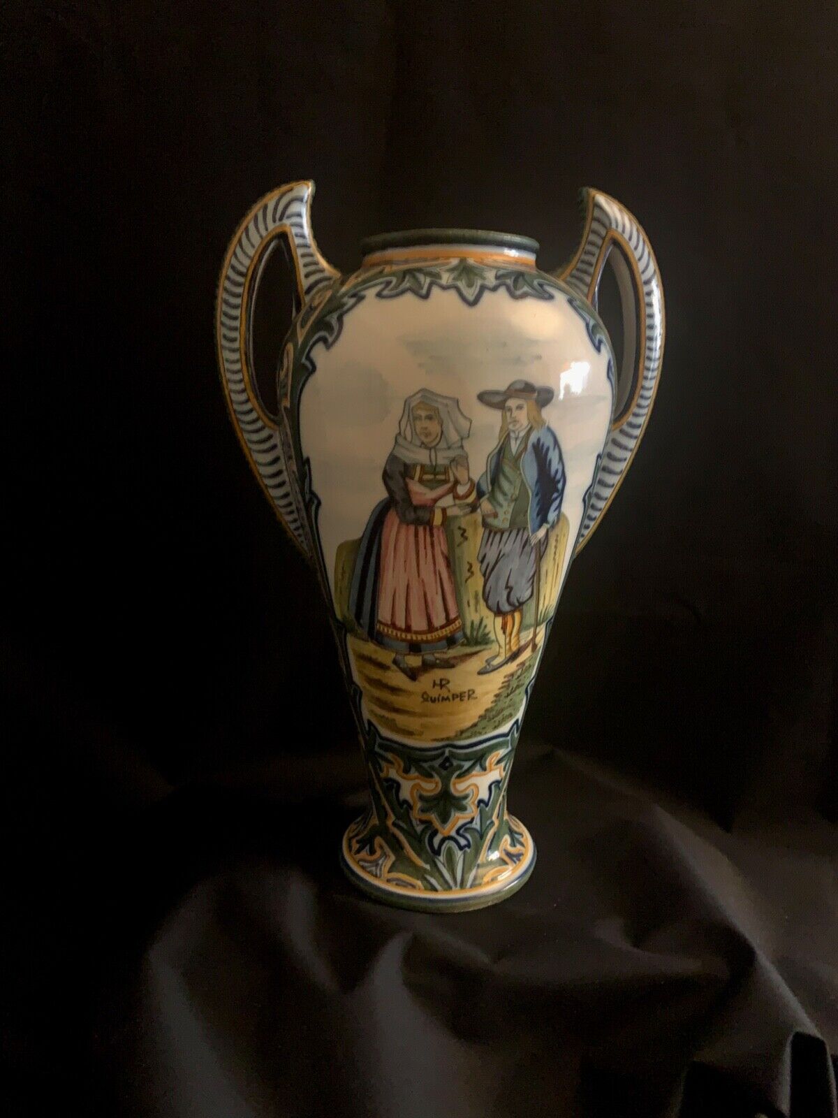 Henriot Quimper Vase, Signed HR, circa 1904-1922, numbered 13, Bretons, flowers