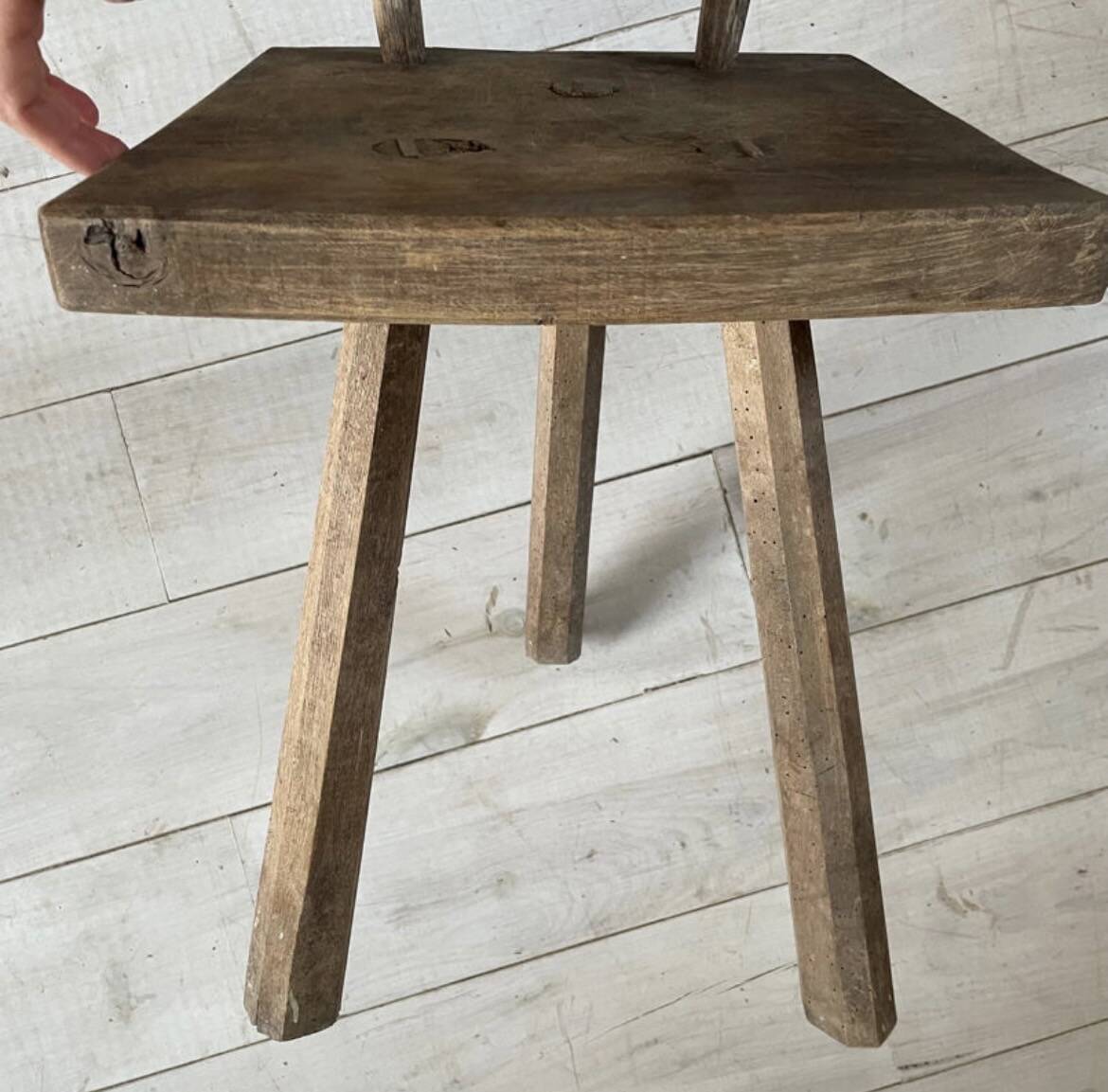 Set of three wooden tripod chairs in oak, raw art.