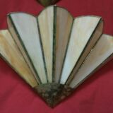 2 art deco fan-shaped wall lights in pearly glass paste and brass