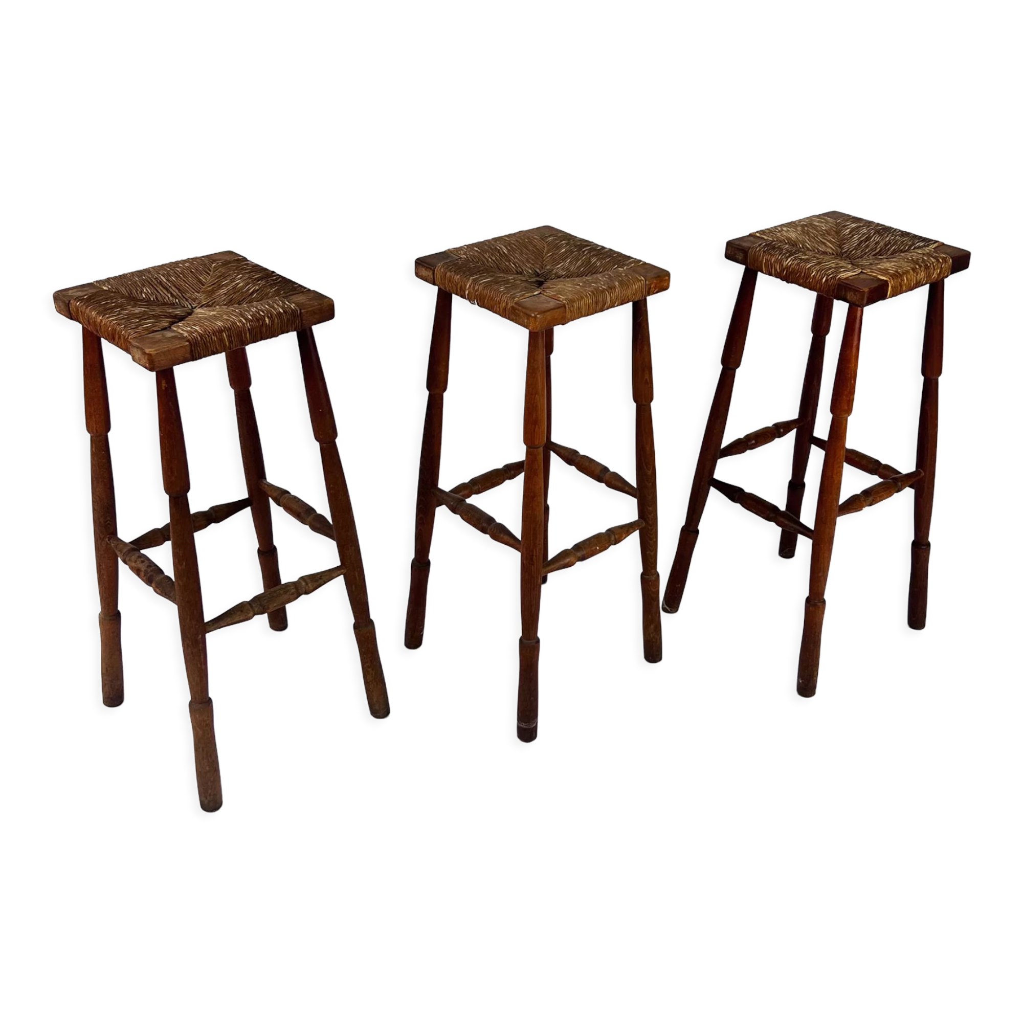 Ensemble de 3 tabourets de bar en chêne et paille du milieu du siècle, années 1960