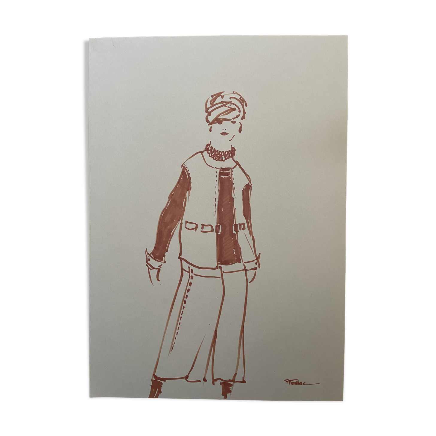 Painting signed in ink fashion engraving "study of a model of a woman's sleeveless vest"