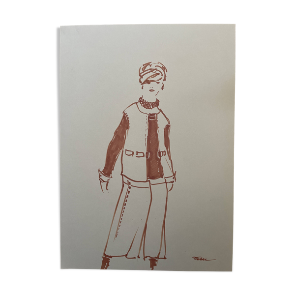 Tableau signé à l’encre gravure de mode « étude modèle de gilet sans manche femme »