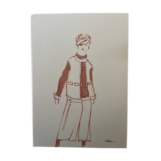 Painting signed in ink fashion engraving "study of a model of a woman's sleeveless vest"