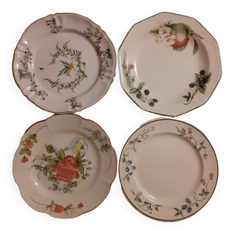 Suite de quatre assiettes plates retro fruits- fleurs Moustiers...