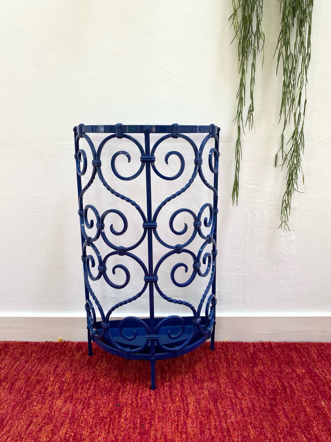 Blue wrought iron umbrella stand from the 70s