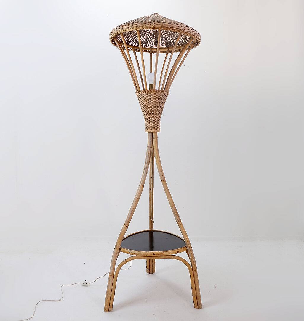 Mid-Century tripod Rattan Floor Lamp - 1960s