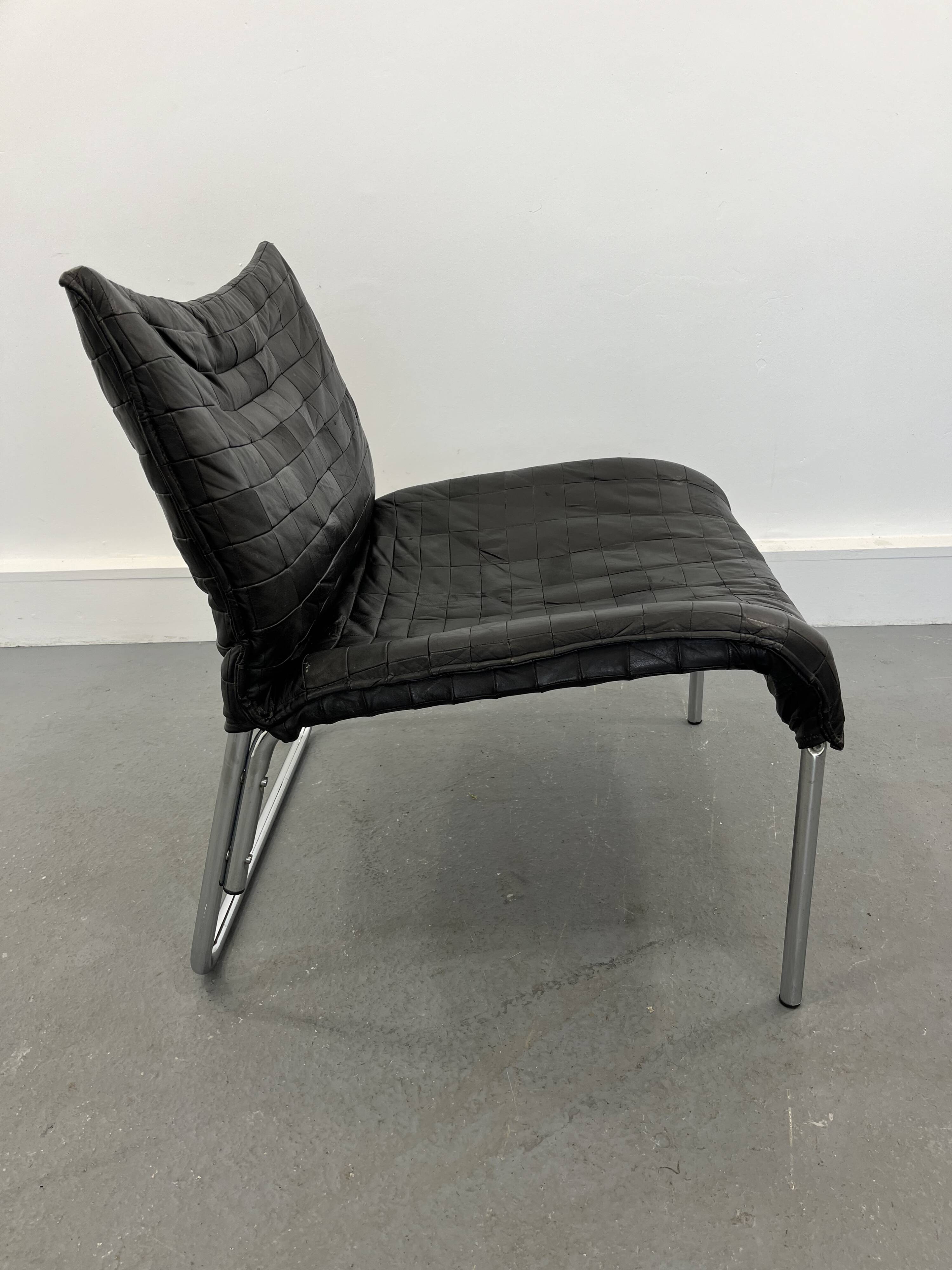 Vintage Mid-Century Scandinavian Modern Black Patchwork Leather Lounge Chair SET From IKEA, 1980s