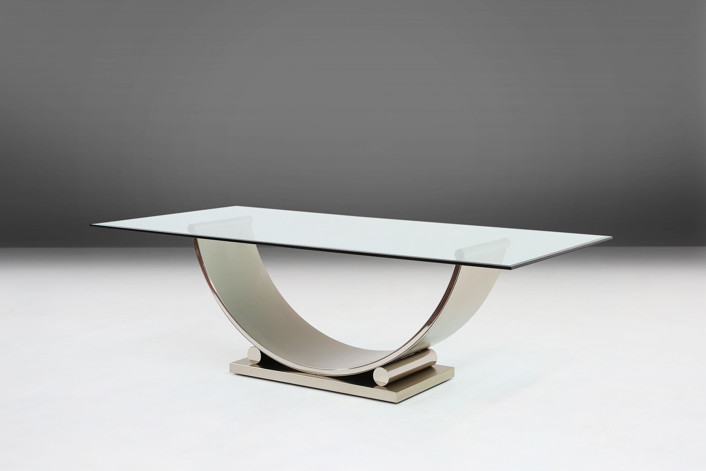 Belgo Chrom dining table in brushed stainless steel and glass top