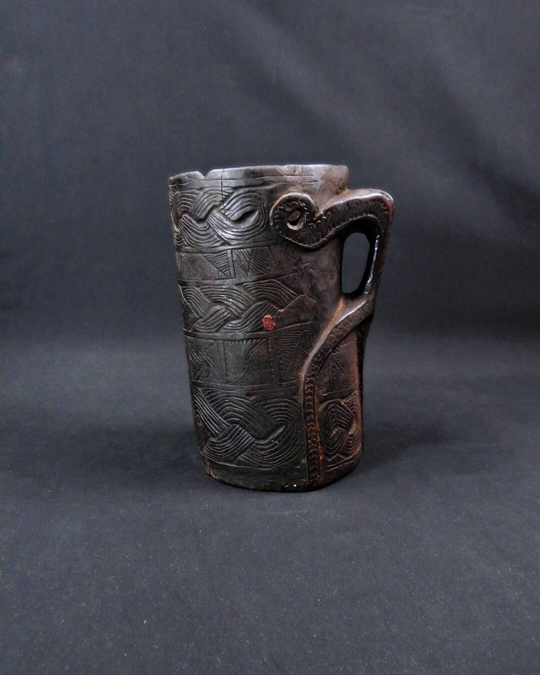 Nepalese milk jug in brown patina wood, Sherpa folk craft, 20th century