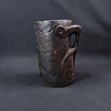 Nepalese milk jug in brown patina wood, Sherpa folk craft, 20th century