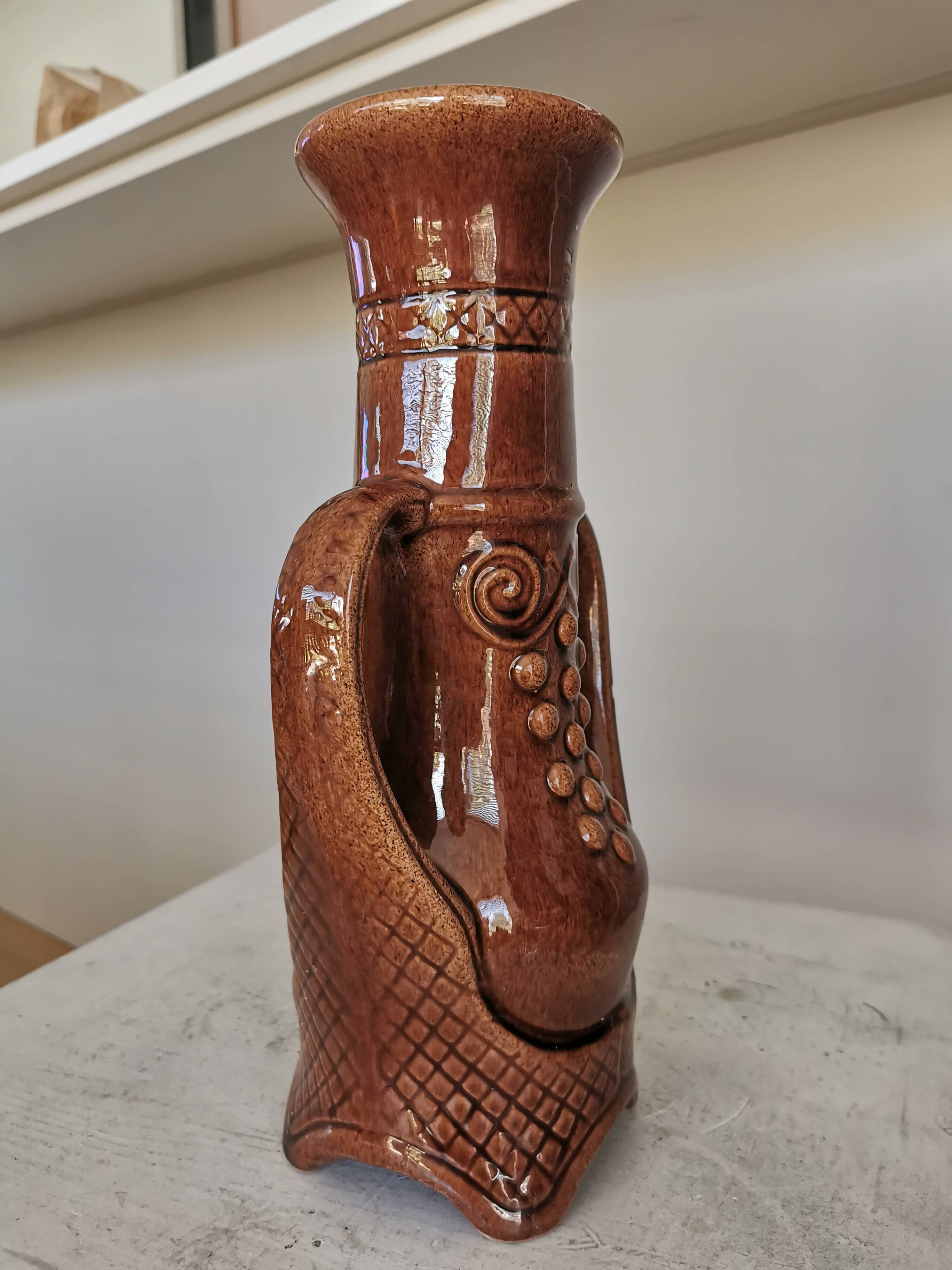 Vintage Amphora Vase: Large Brown Glazed Pottery with Grape Motif