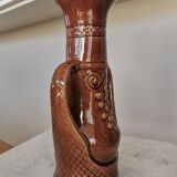 Vintage Amphora Vase: Large Brown Glazed Pottery with Grape Motif