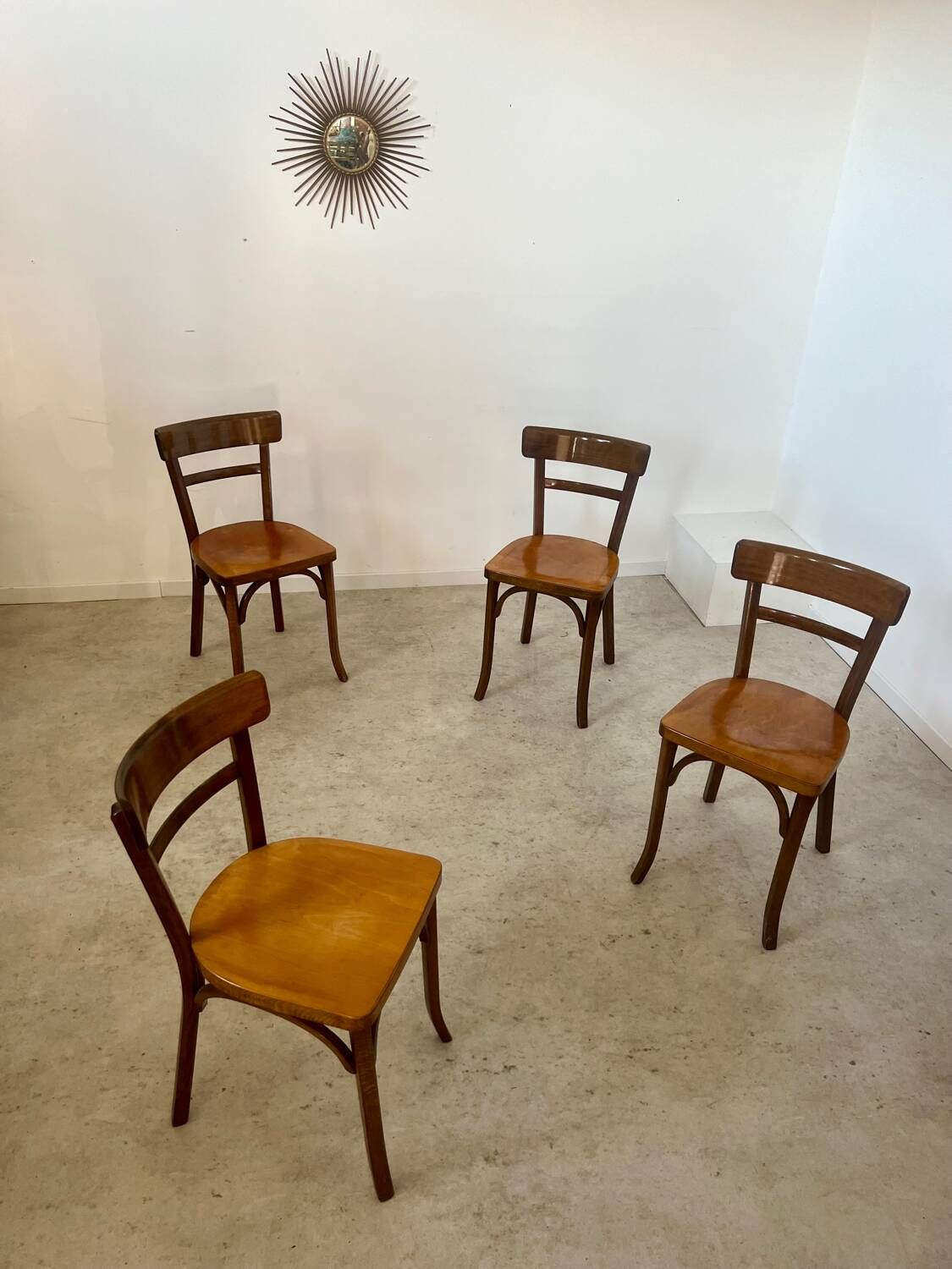 Set of 4 old vintage Baumann 50s wooden bistro chairs