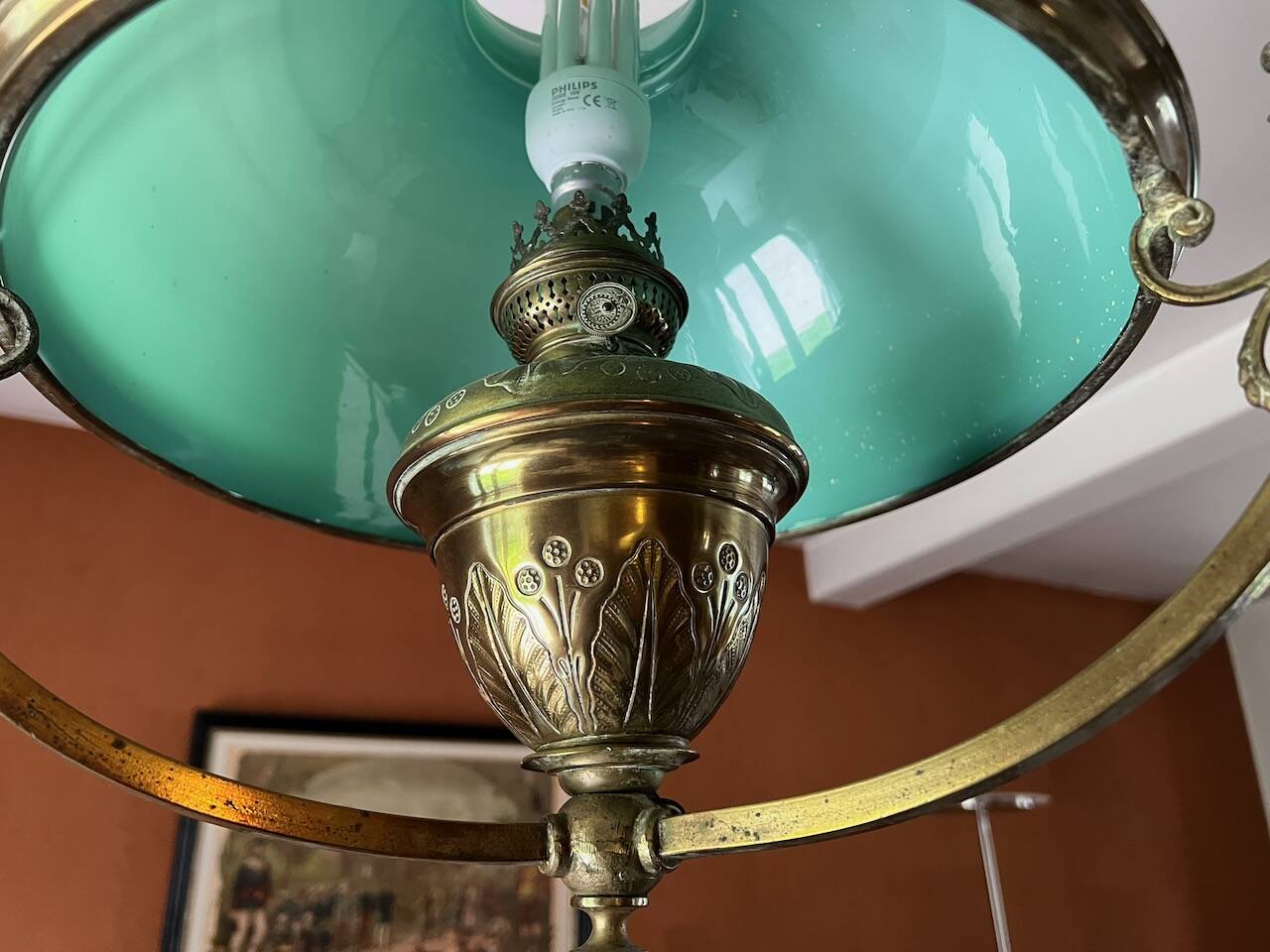 Lustre Suspension Art Nouveau - Green Opaline and Brass - Belle Époque Style