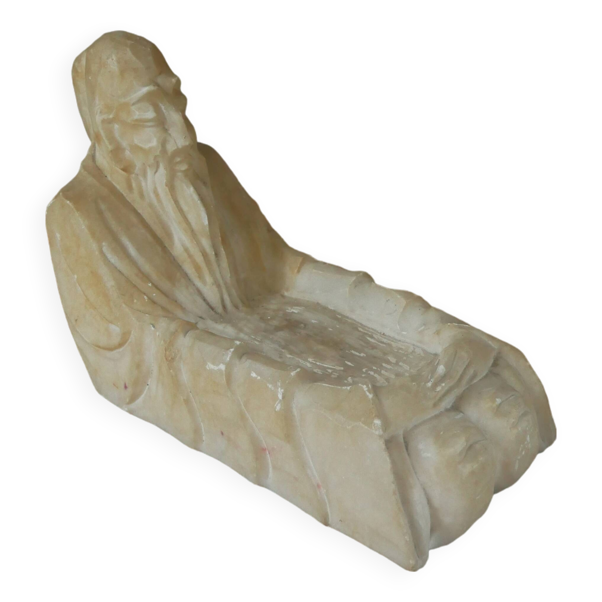 Alabaster sculpture empty pocket Asian decoration object handcrafted countryside seated man
