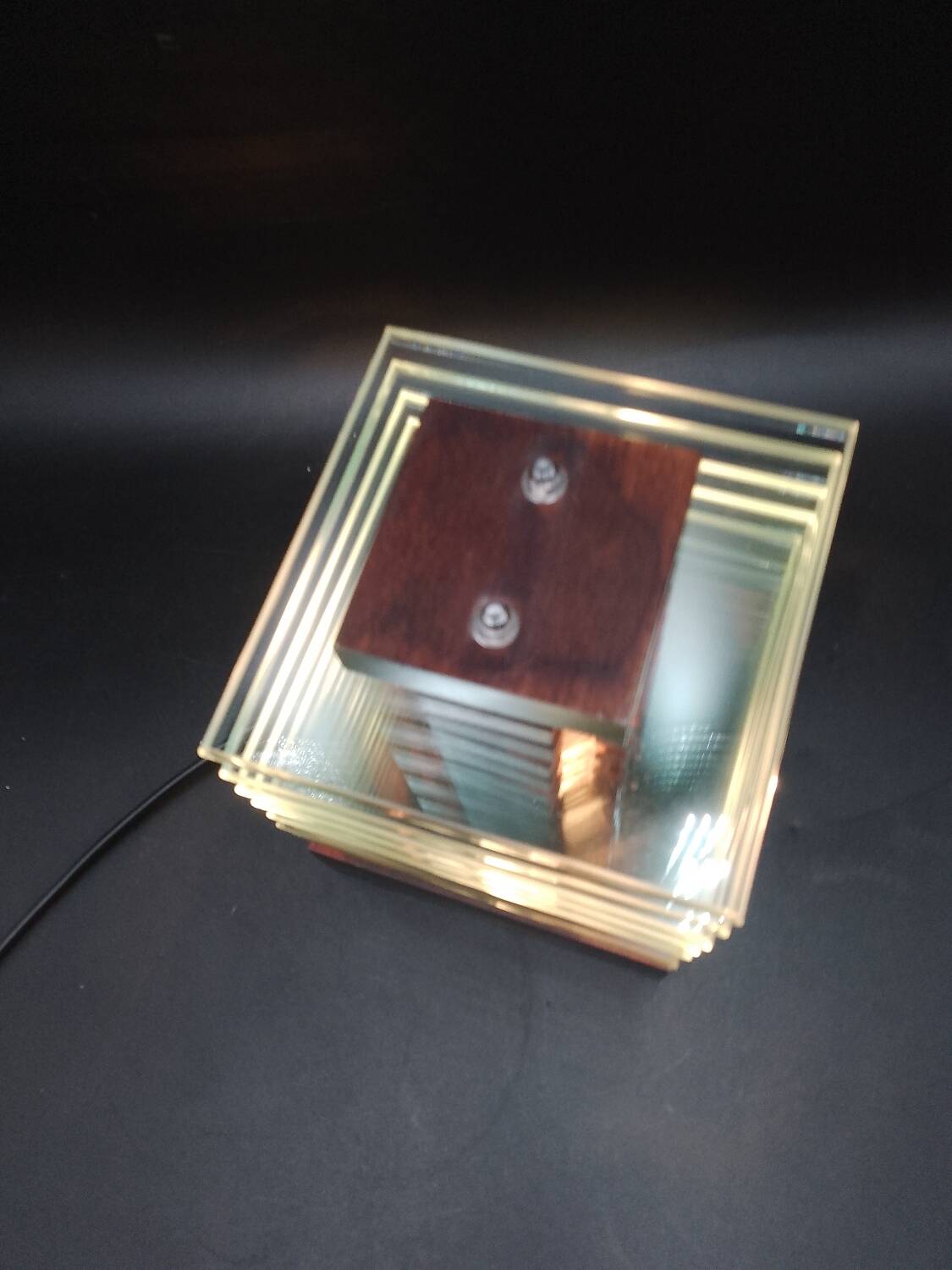 Desny Demeter glass and wood lamp, modernist art deco reissue