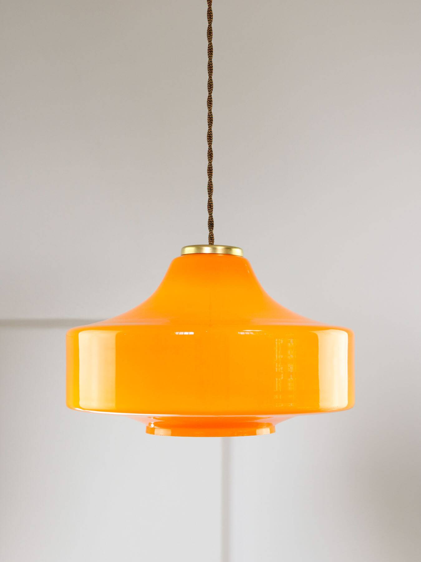Mid-Century Italian Orange Glass & Brass Pendant Lamp
